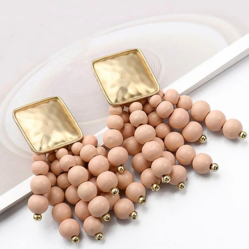 Peach Wooden Beads and gold earrings